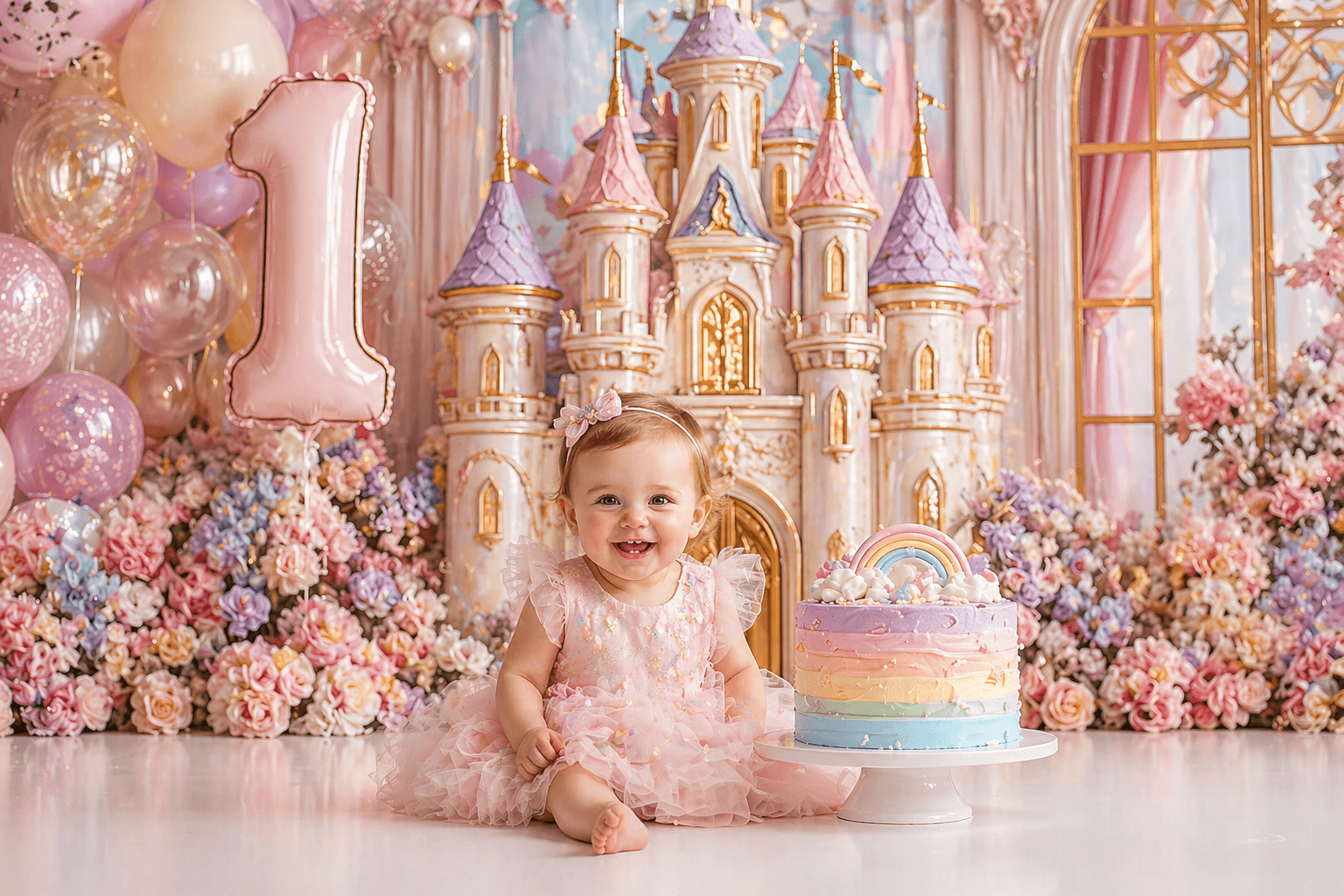 Princess Castle 1st Birthday Digital Backdrop, Pink Pastel Girl Cake Smash, Rainbow Cake, Floral Balloon Arch, Fairy Tale Studio Background
