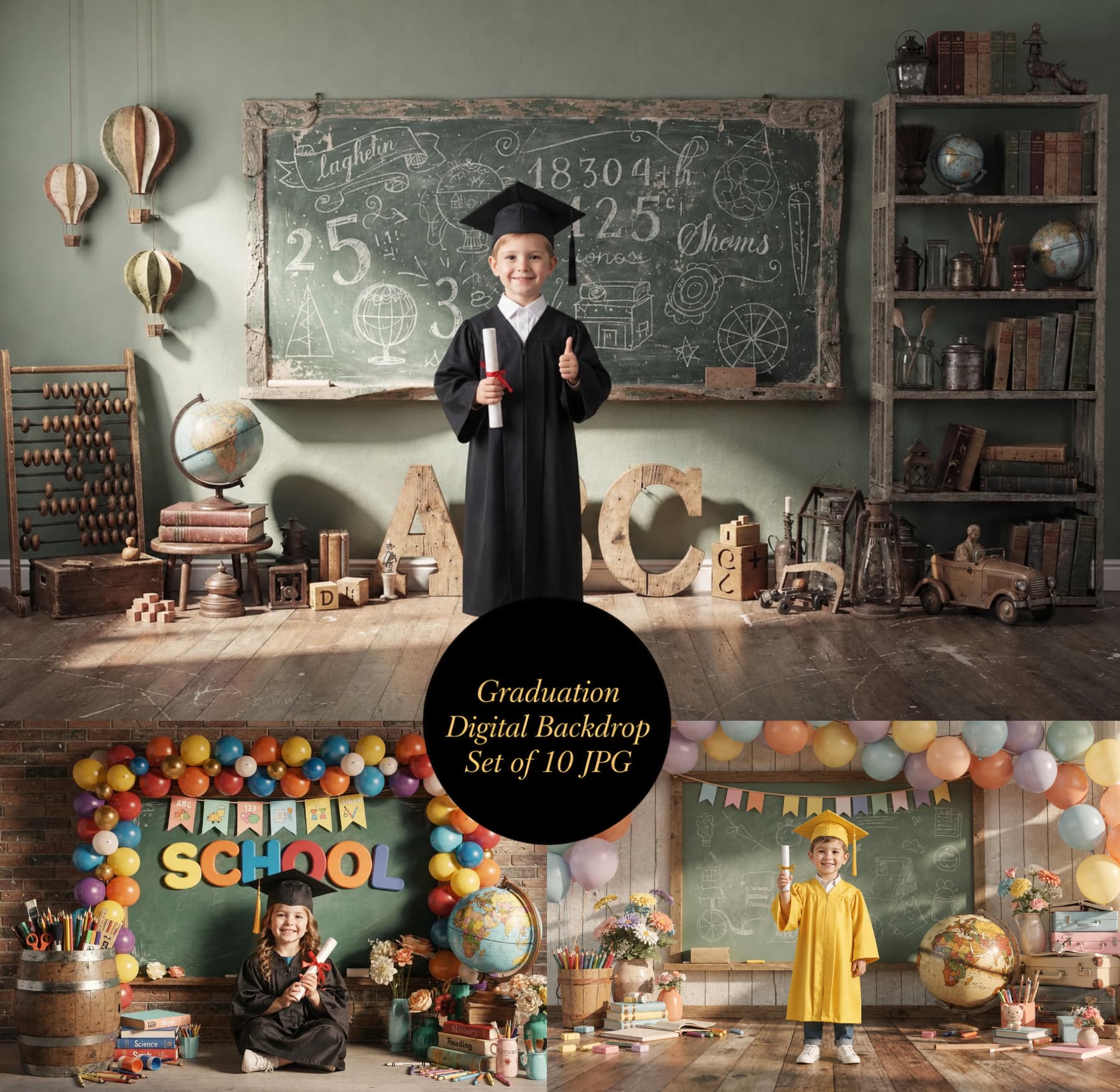 Kindergarten Graduation Digital Backdrop | Colorful GRAD Letters | School Portrait PSD Overlay | Preschool Graduation Background | 10 JPGs