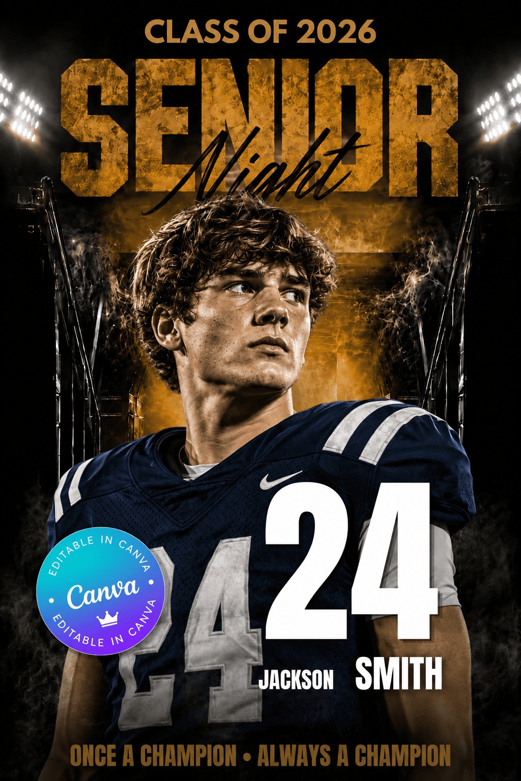 Football Senior Night Poster Template | Editable in Canva | Custom Sports Banner, Memory Mate & Team Cards | Football Background