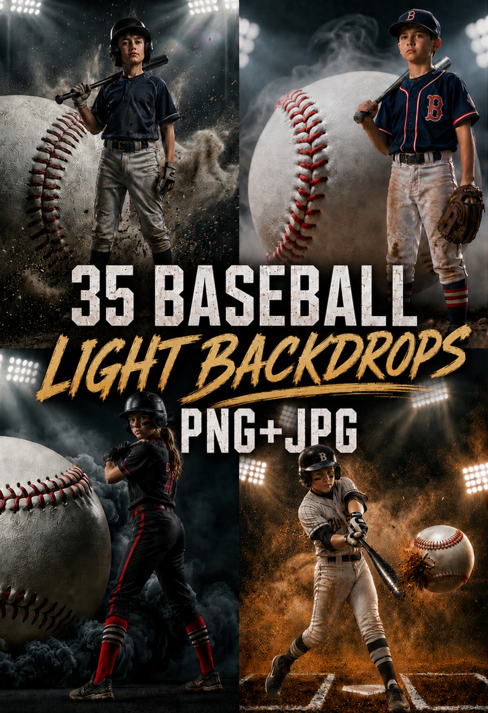 35 Baseball Light Digital Backdrops PNG JPG, Sports Photography Backgrounds, Editable Baseball Photoshop Templates, Sports Photo Backgrounds