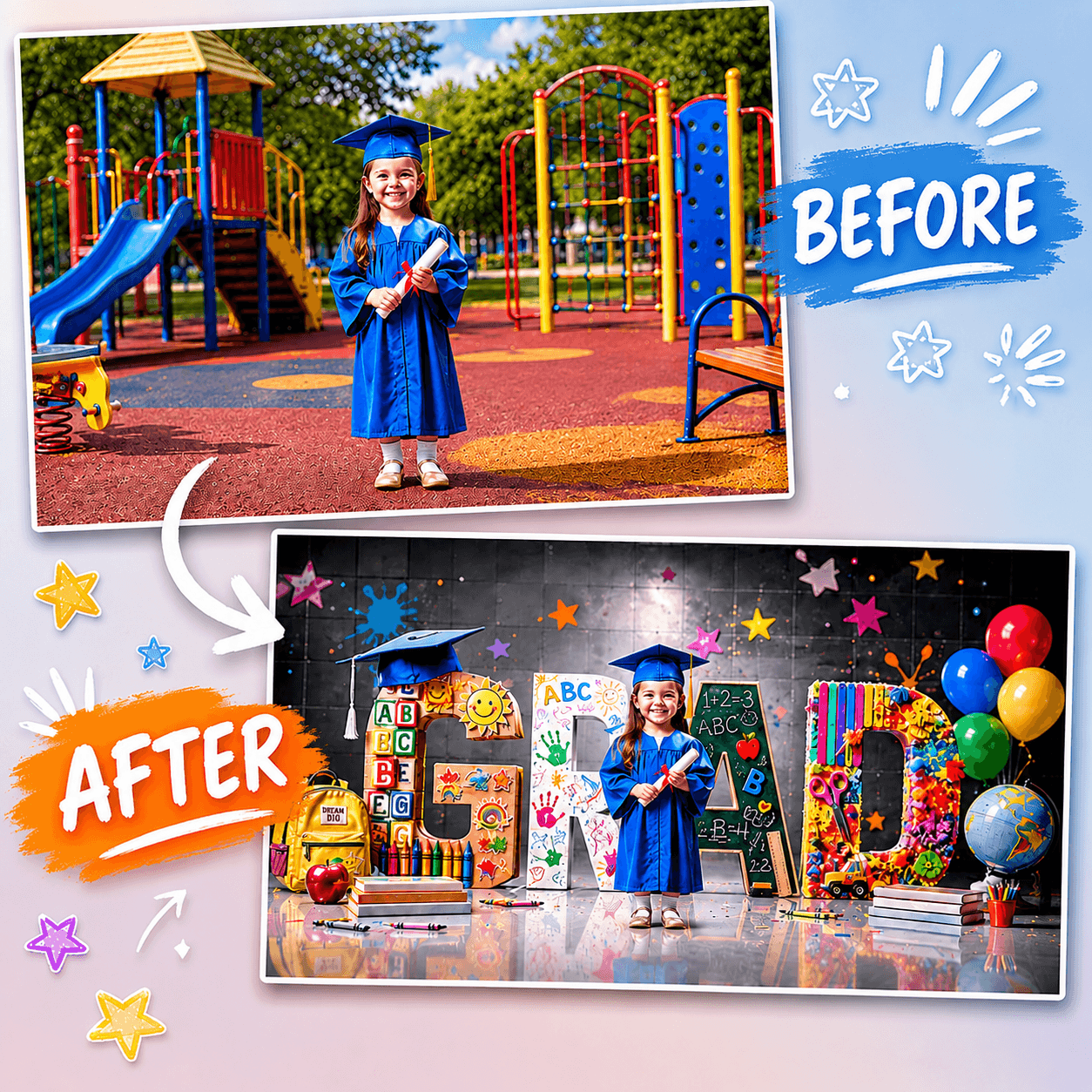 Kindergarten Graduation Digital Backdrop | Colorful GRAD Letters | School Portrait PSD Overlay | Preschool Graduation Background