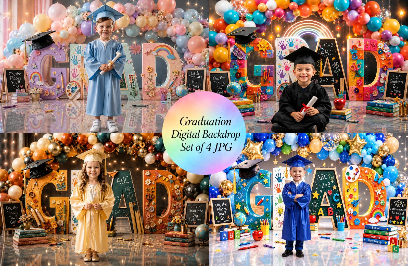 Kindergarten Graduation Digital Backdrop Bundle Set of 4 | Colorful GRAD Letters | Preschool Graduation Background