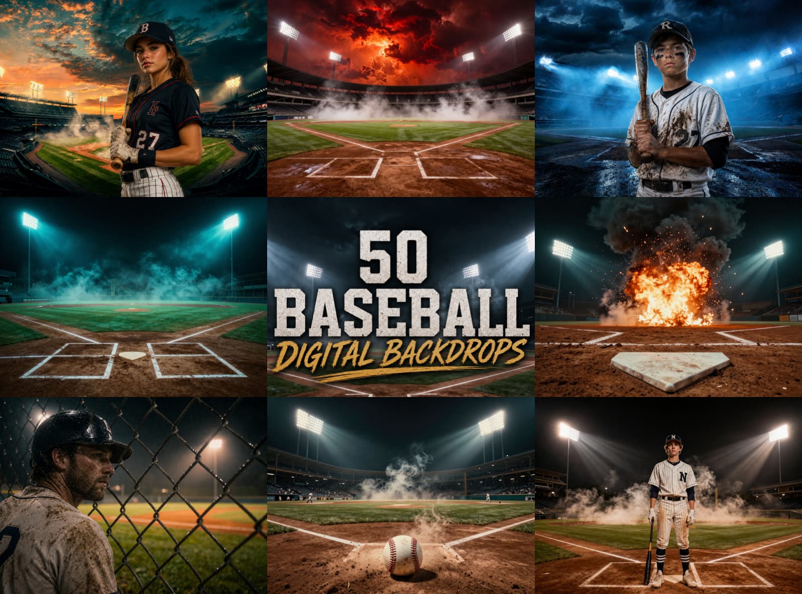 50 Baseball Digital Backdrops – Baseball Stadium Backgrounds, Stormy Skies, Night Games, JPG Files