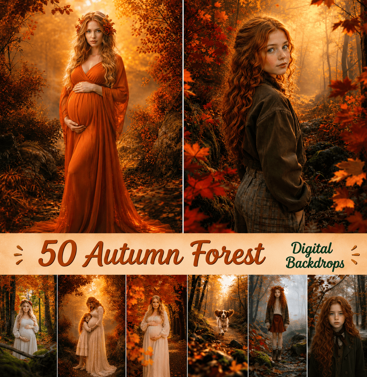 50 Autumn Forest Digital Backdrops, Fall Photography Background Bundle, Woodland Portrait Scenes, Maternity, Child, Family Photoshoot