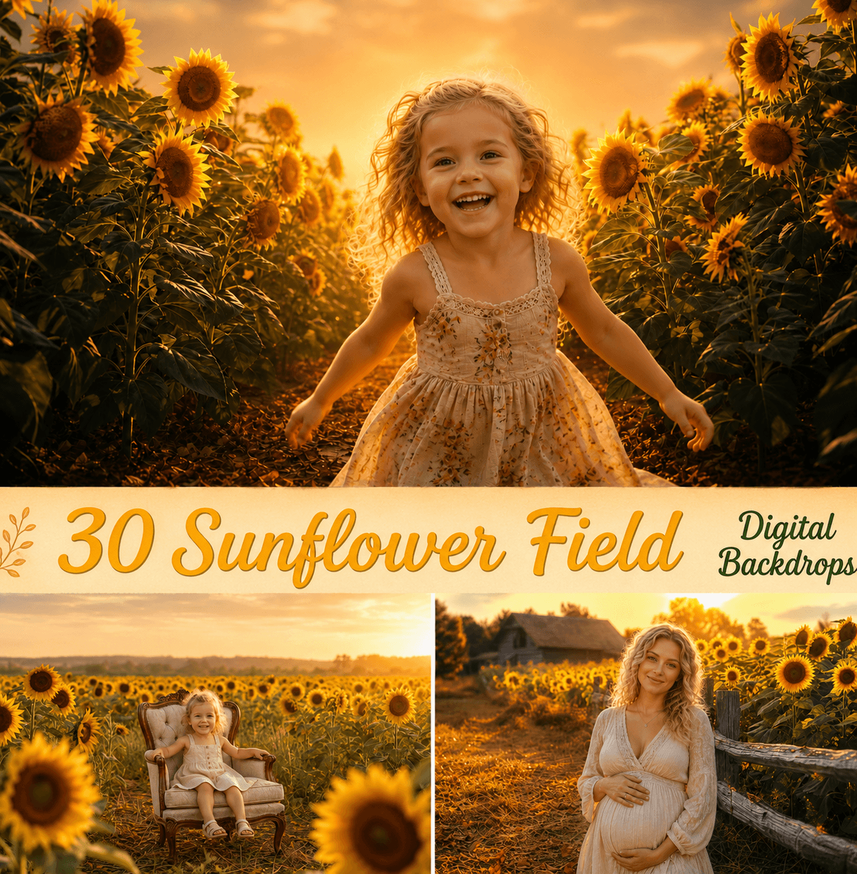 Sunflower Field Digital Backdrop, Golden Summer Photography Background, Baby Child Maternity Family Portrait, Rustic Farm Sunset Scene, JPG