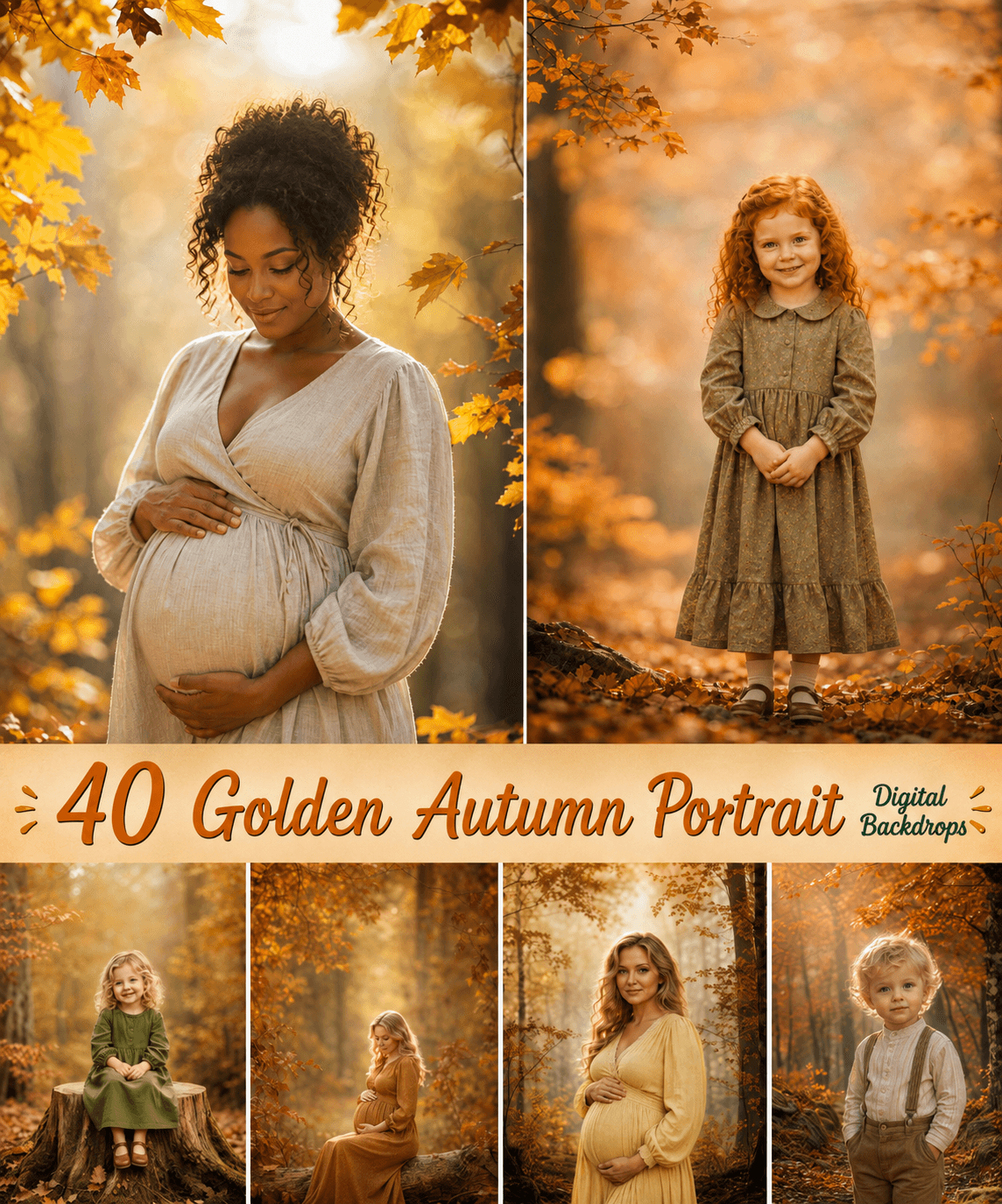 40 Golden Autumn Portrait Digital Backdrops, Fall Forest Photography Background Bundle, Maternity Baby Child Family Photoshop Composite JPG