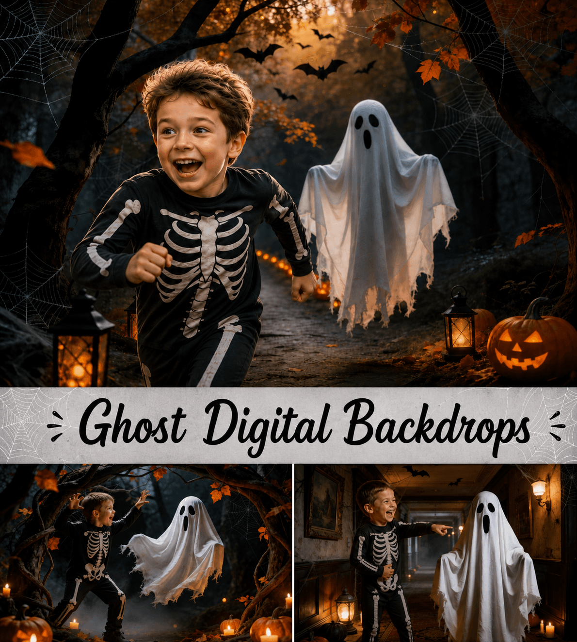 Halloween Digital Backdrops, Ghost Photography Backgrounds, Spooky Portrait Scenes, Haunted Forest JPG Set