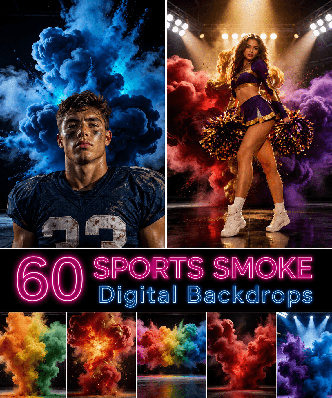 60 Sports Smoke Digital Backdrops, Football Cheerleading Photography Backgrounds, Athletic Promo JPG, Team Portrait Effects, Athlete Studio