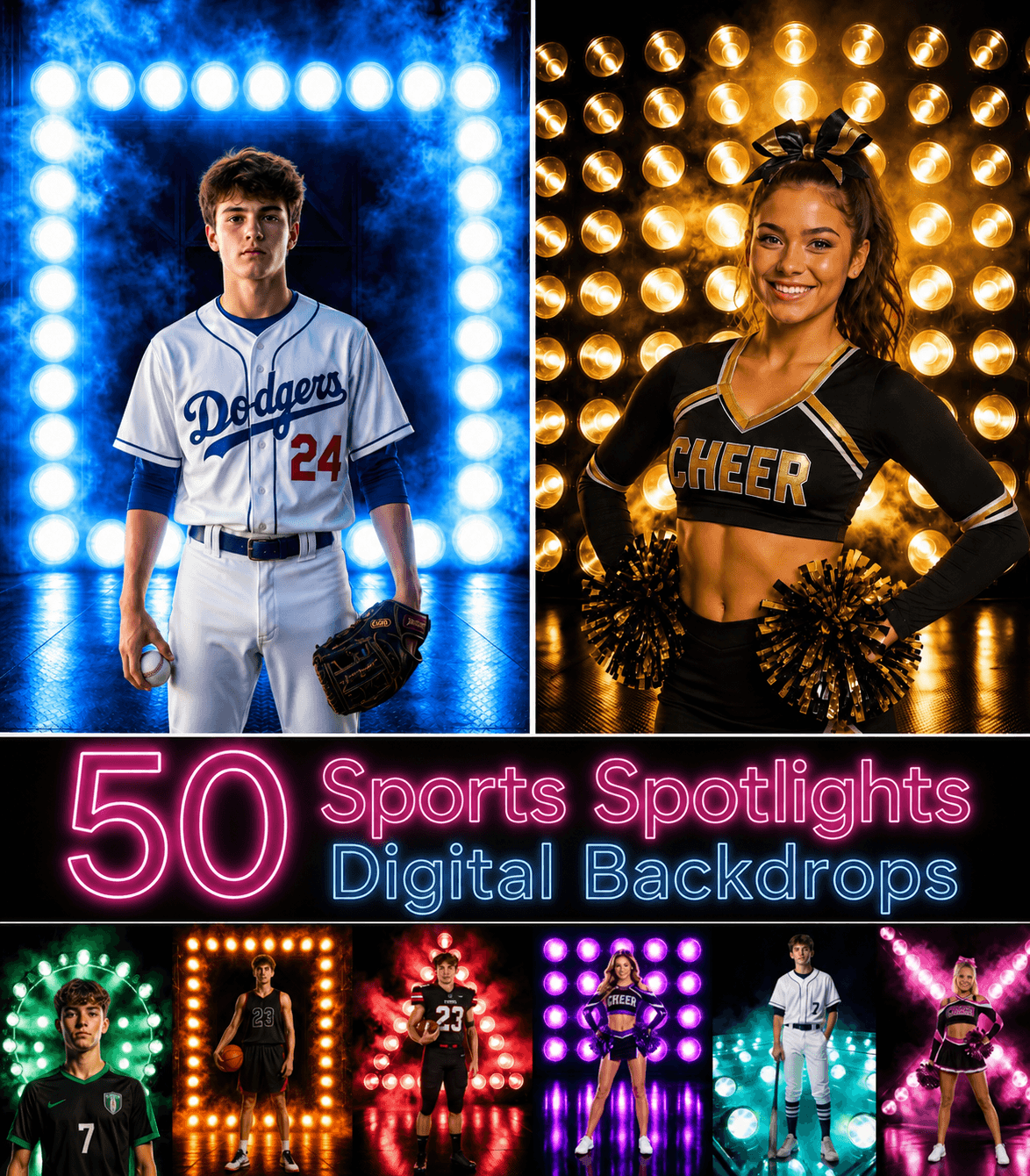 50 Sports Spotlights Digital Backdrops, Athlete Portrait Photography, Neon Stadium Lights, Team Media Day Background, Sports Banner Template