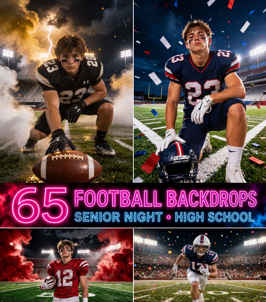 65 High School Football Senior Night Digital Backdrops, Sports Photography Portraits, Stadium Smoke Bundle, Player JPG Backgrounds