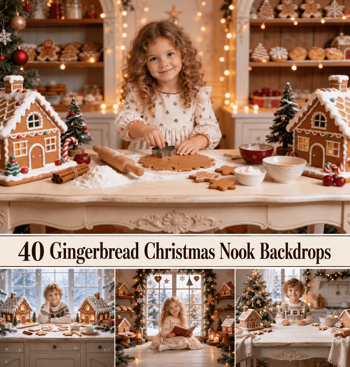 Christmas Gingerbread Digital Backdrops, 40 Kids Holiday Photography Scenes