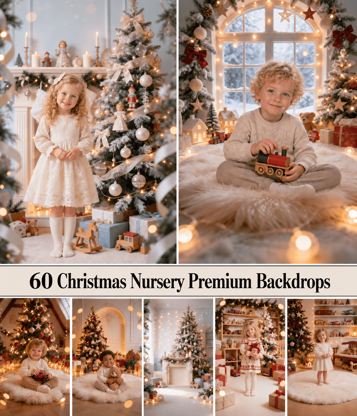 60 Christmas Nursery Digital Backdrops, Vintage Toy Set for Baby Photography