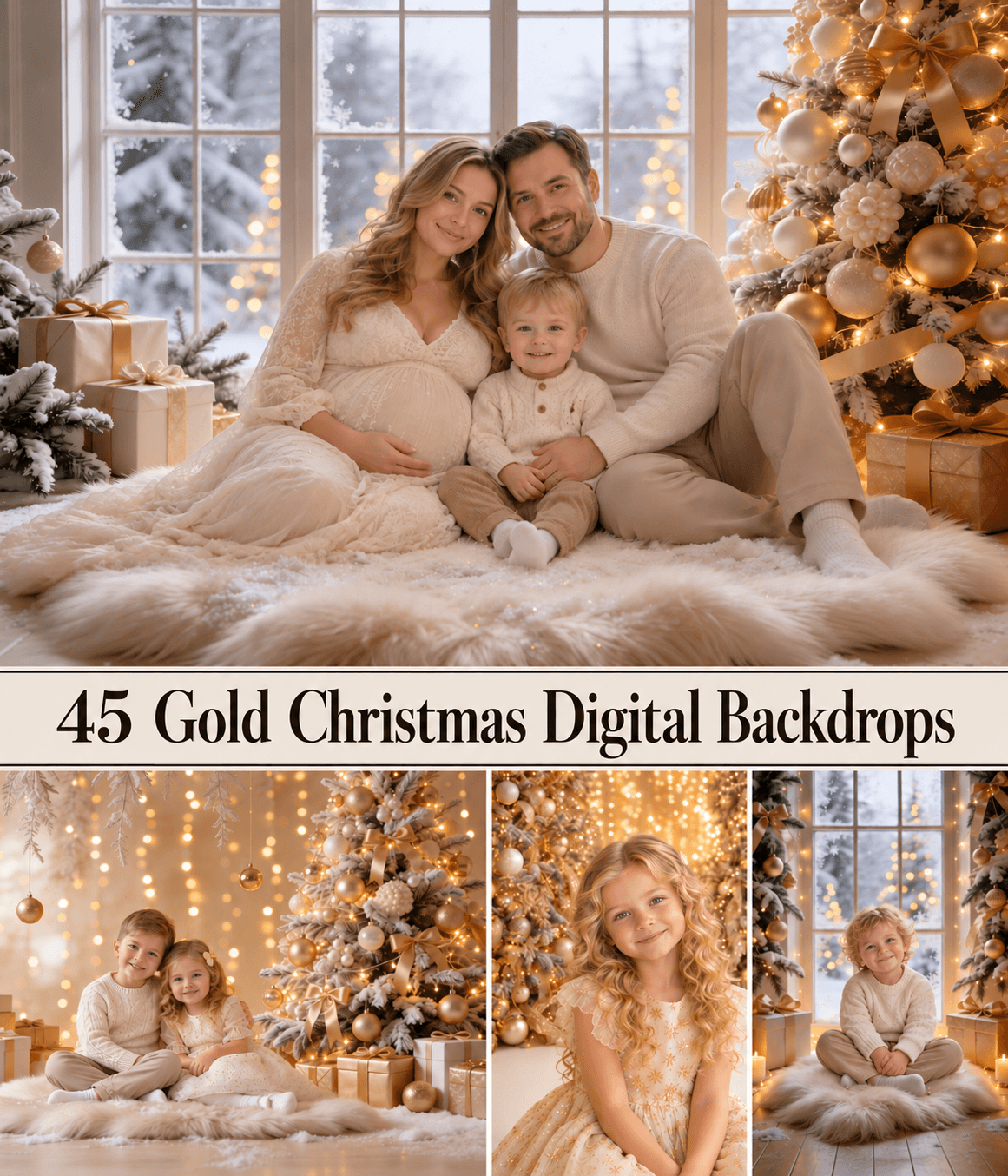45 Gold Christmas Digital Backdrops, JPG, Horizontal & Vertical Formats