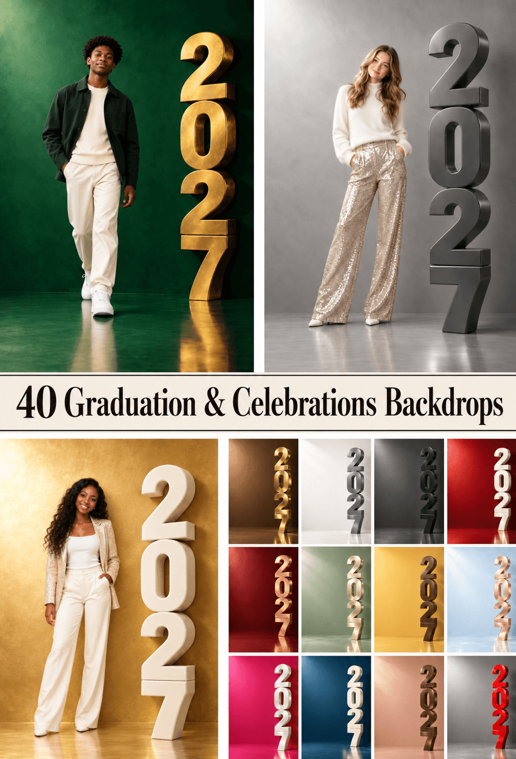 2027 Digital Backdrop Bundle: 40 Portrait Backgrounds for Graduation & Celebrations