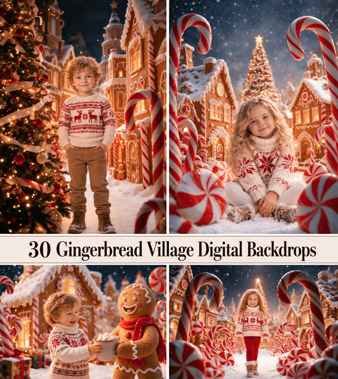 30 Gingerbread Village Digital Backdrops, Christmas Photo Backgrounds
