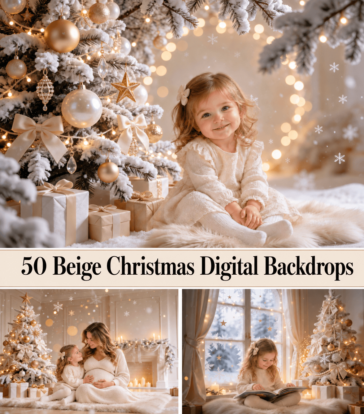 50 Beige Christmas Digital Backdrops for Photography