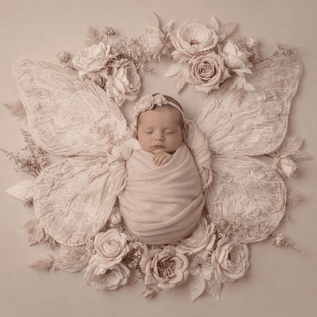 Newborn Butterfly Wings Backdrop, Neutral Floral Baby Background, Soft Beige Pink Newborn Photography Prop