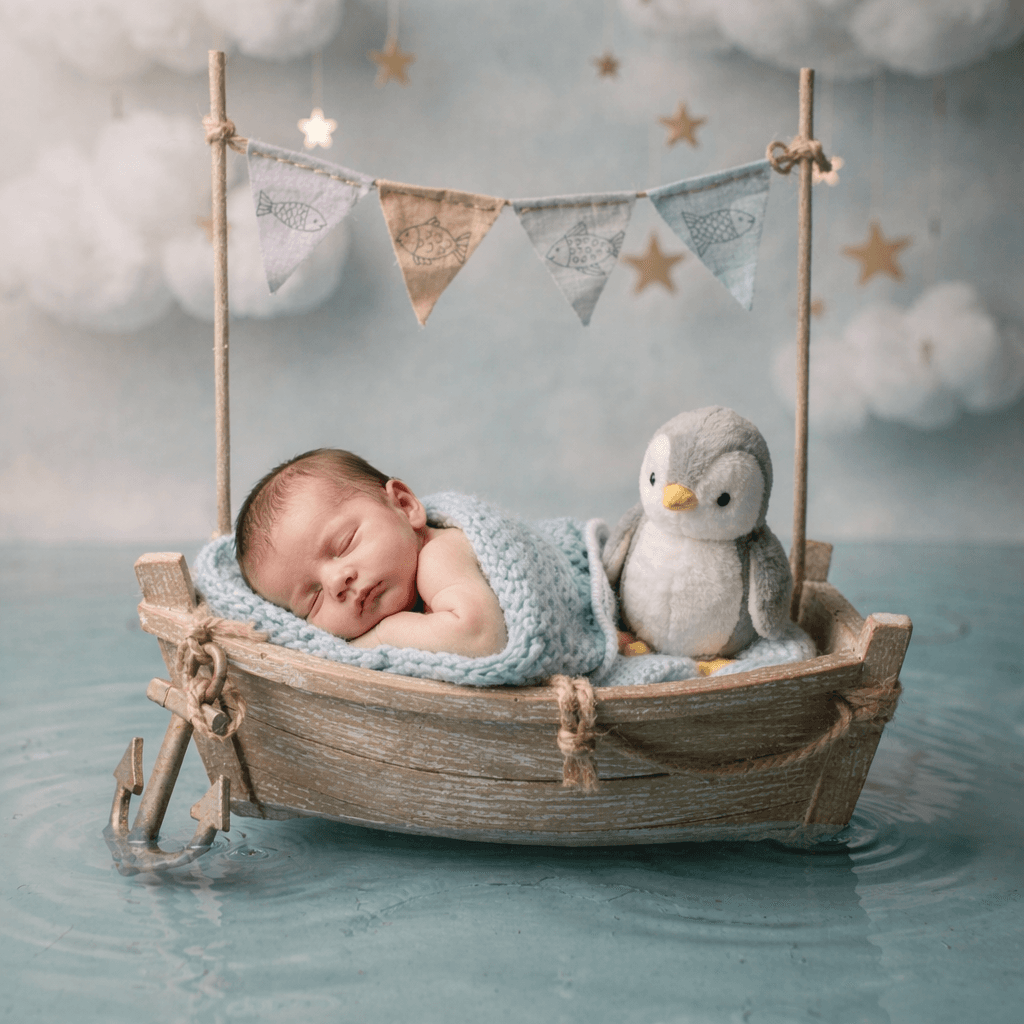 Newborn Baby in Boat with Penguin, Nautical Nursery Wall Art, Baby Boy Photo Prop, Ocean Theme Nursery Decor