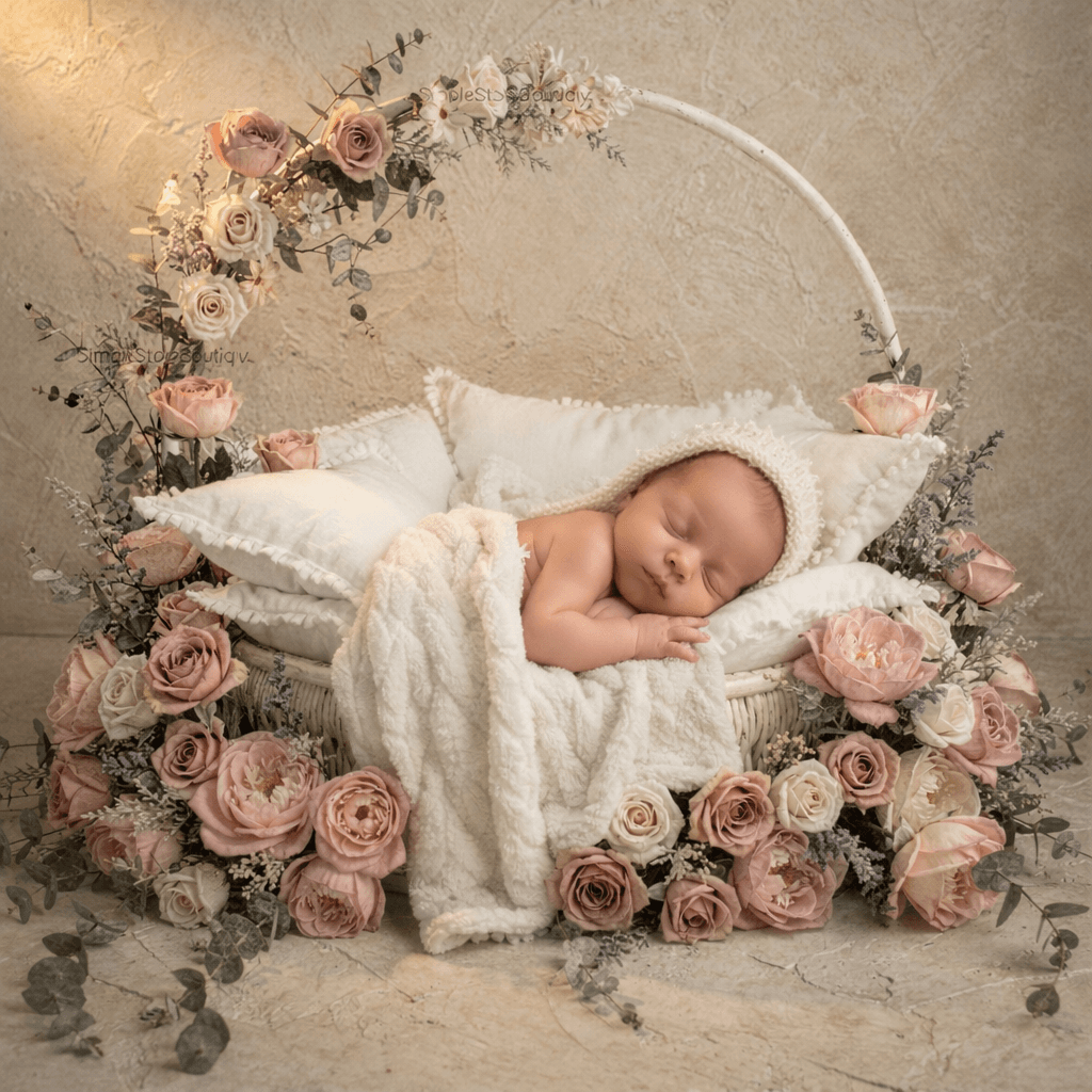 Newborn Photography Prop Floral Basket Backdrop, Neutral Baby Photo Setup, Boho Newborn Digital Background, Cream Beige Floral Scene