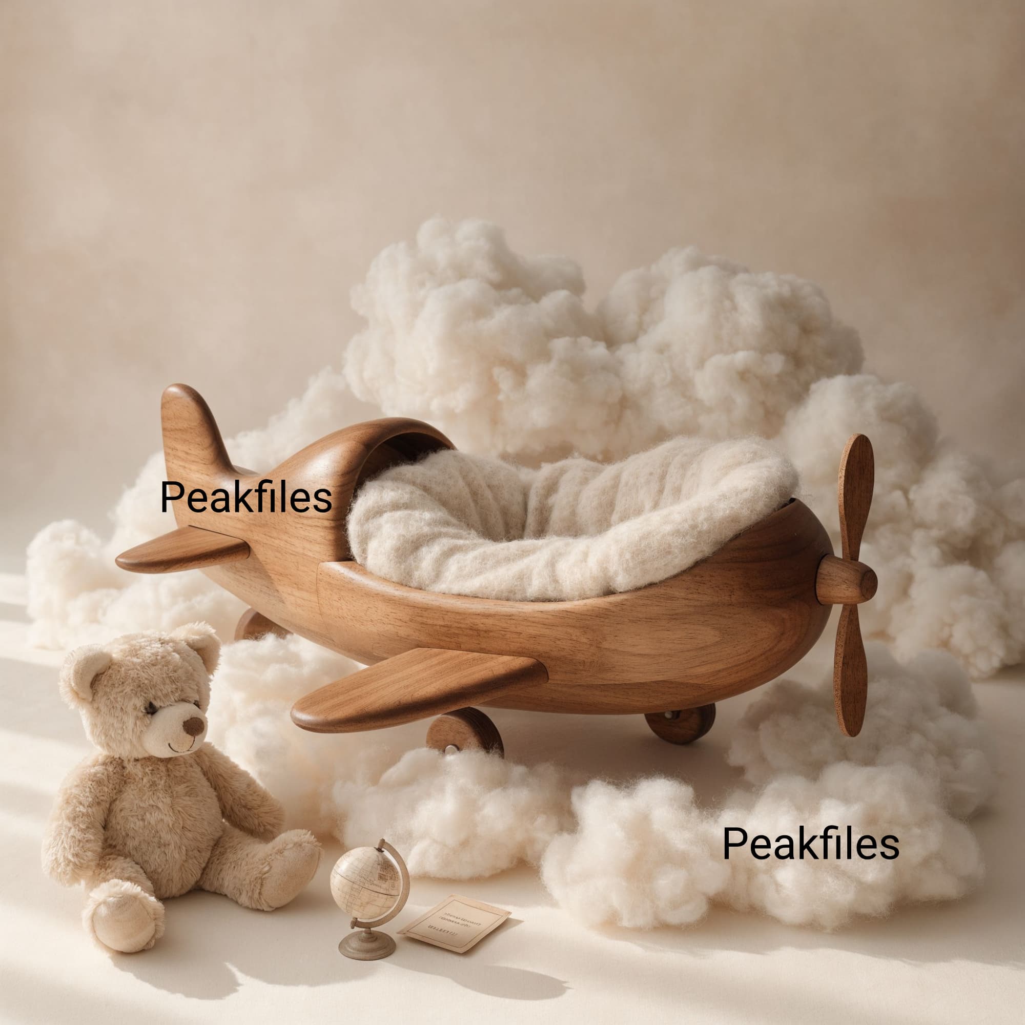 Newborn Digital Backdrop Airplane Cradle in Clouds, Vintage Wooden Plane Prop, Soft Neutral Baby Photography Background, Whimsical Dreamy