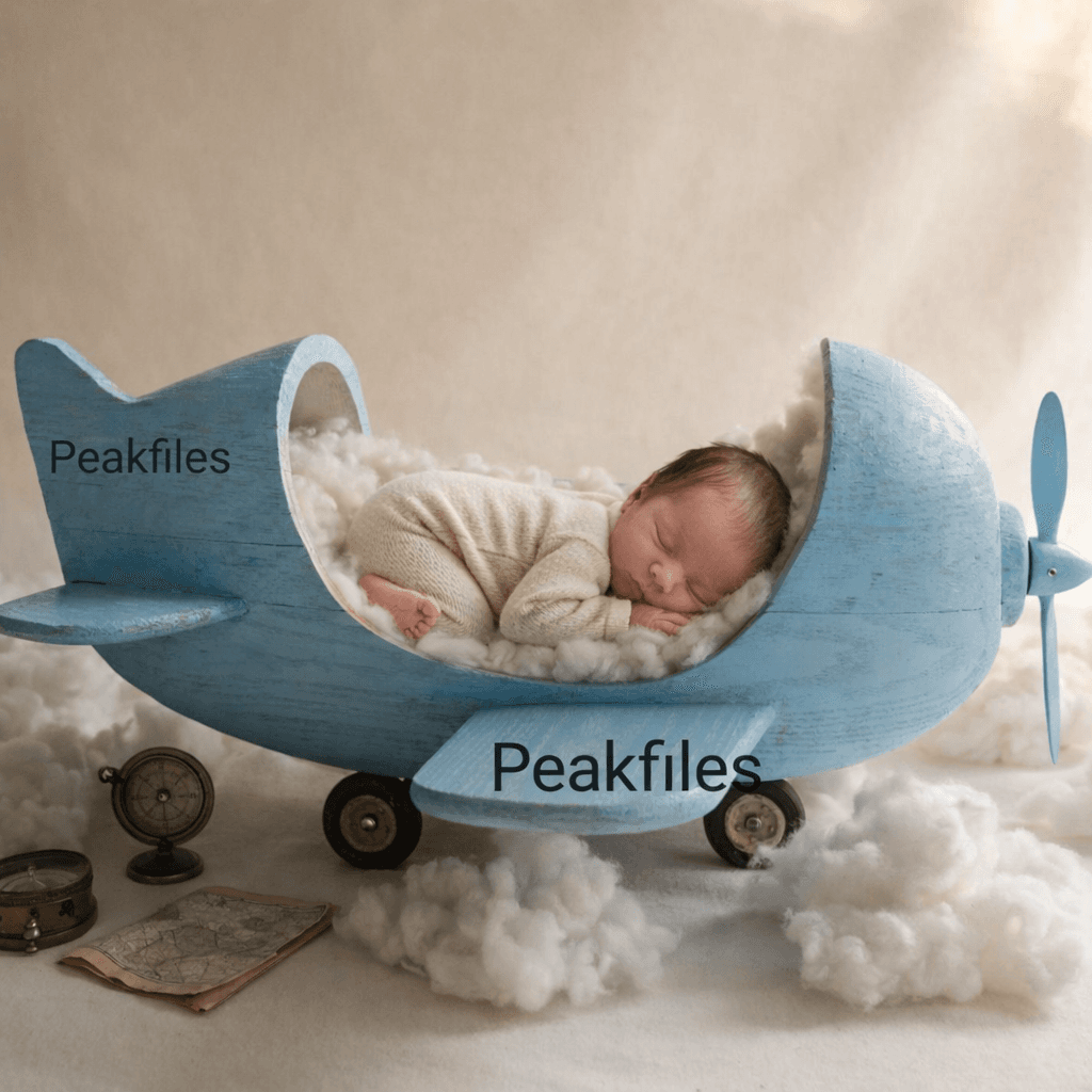 Newborn Digital Backdrop Airplane Cradle in Clouds, Vintage Wooden Plane Prop, Soft Neutral Baby Photography Background, Whimsical Dreamy