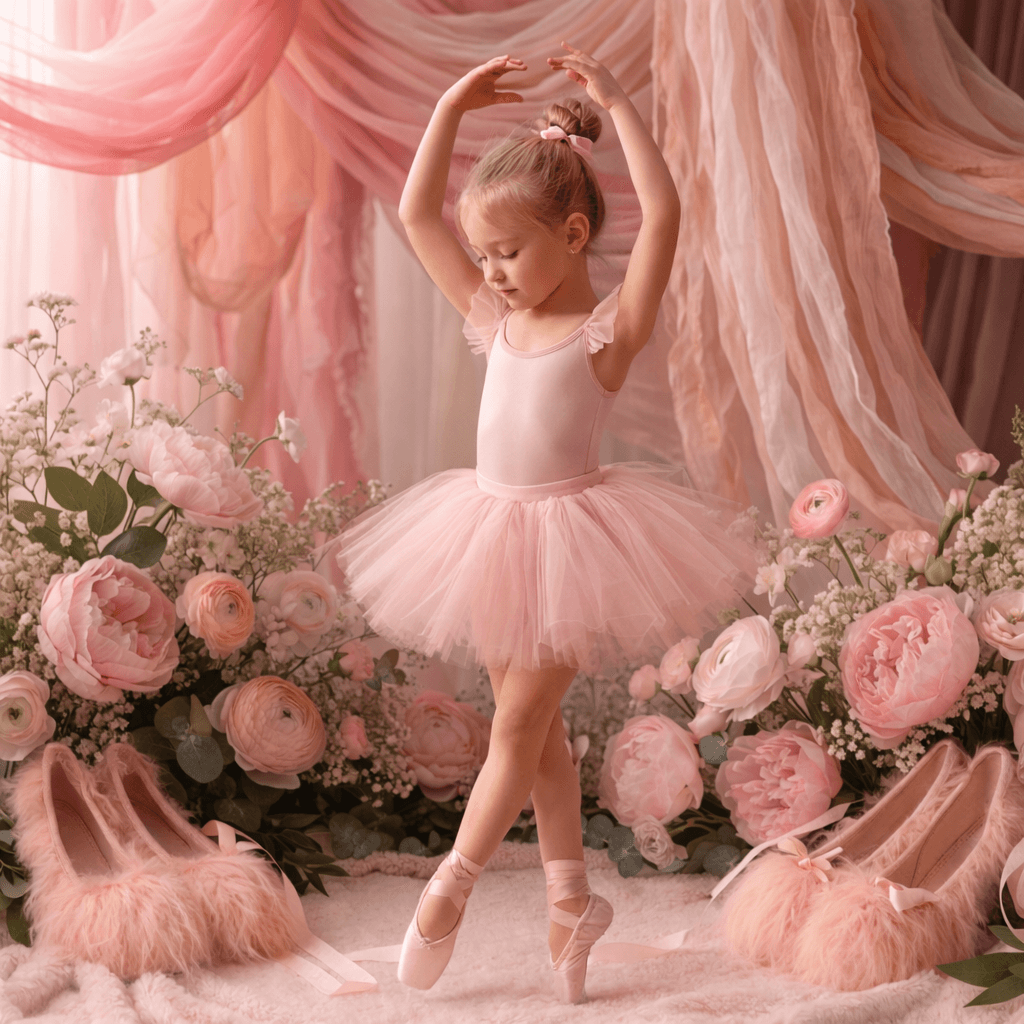 Ballet Digital Backdrop, Pink Floral Drapery, Studio Photography Background, Romantic Ballerina Theme
