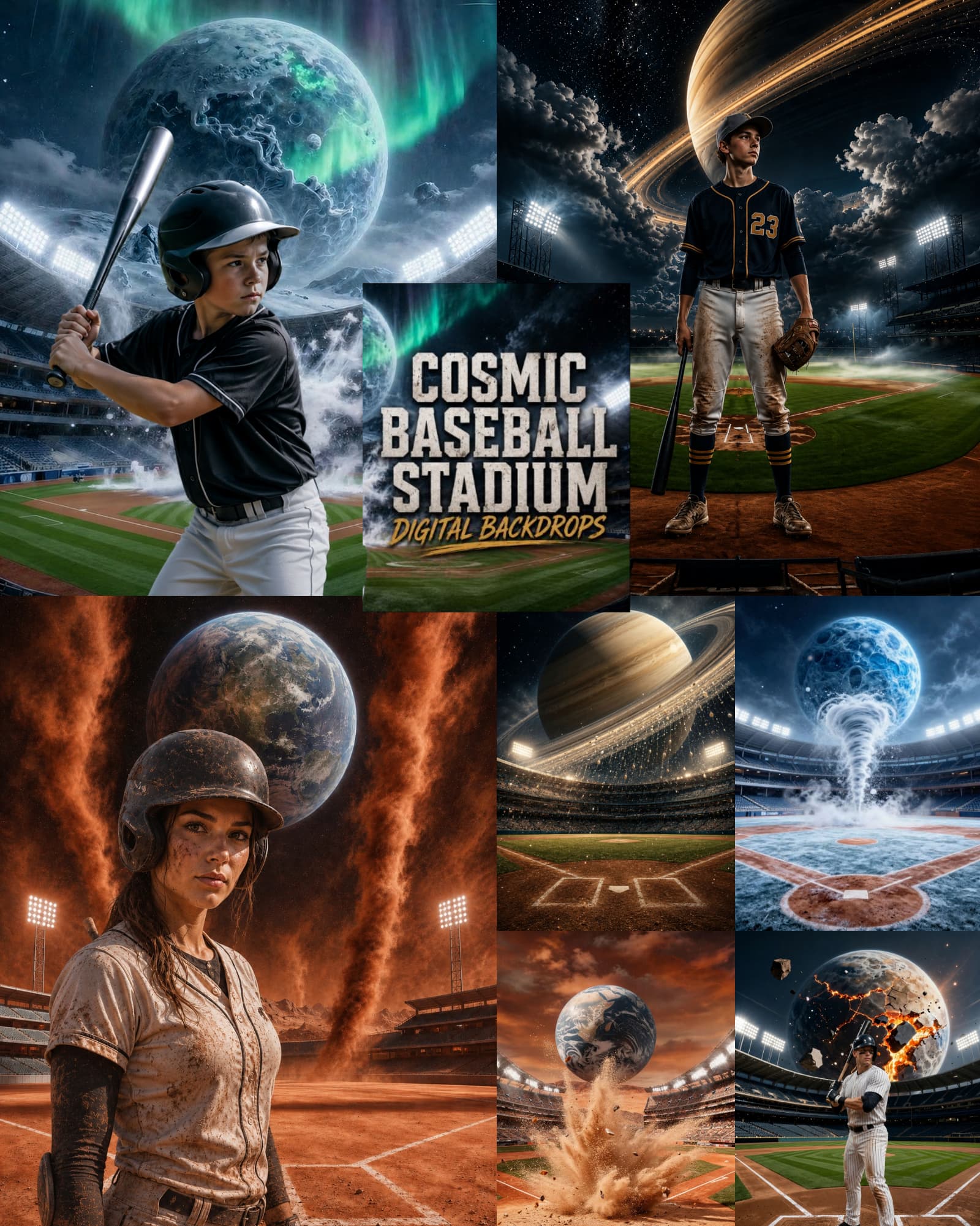 35 Cosmic Baseball Stadium Digital Backdrops, Space Sports Backgrounds, Galaxy Stadiums, JPG Files