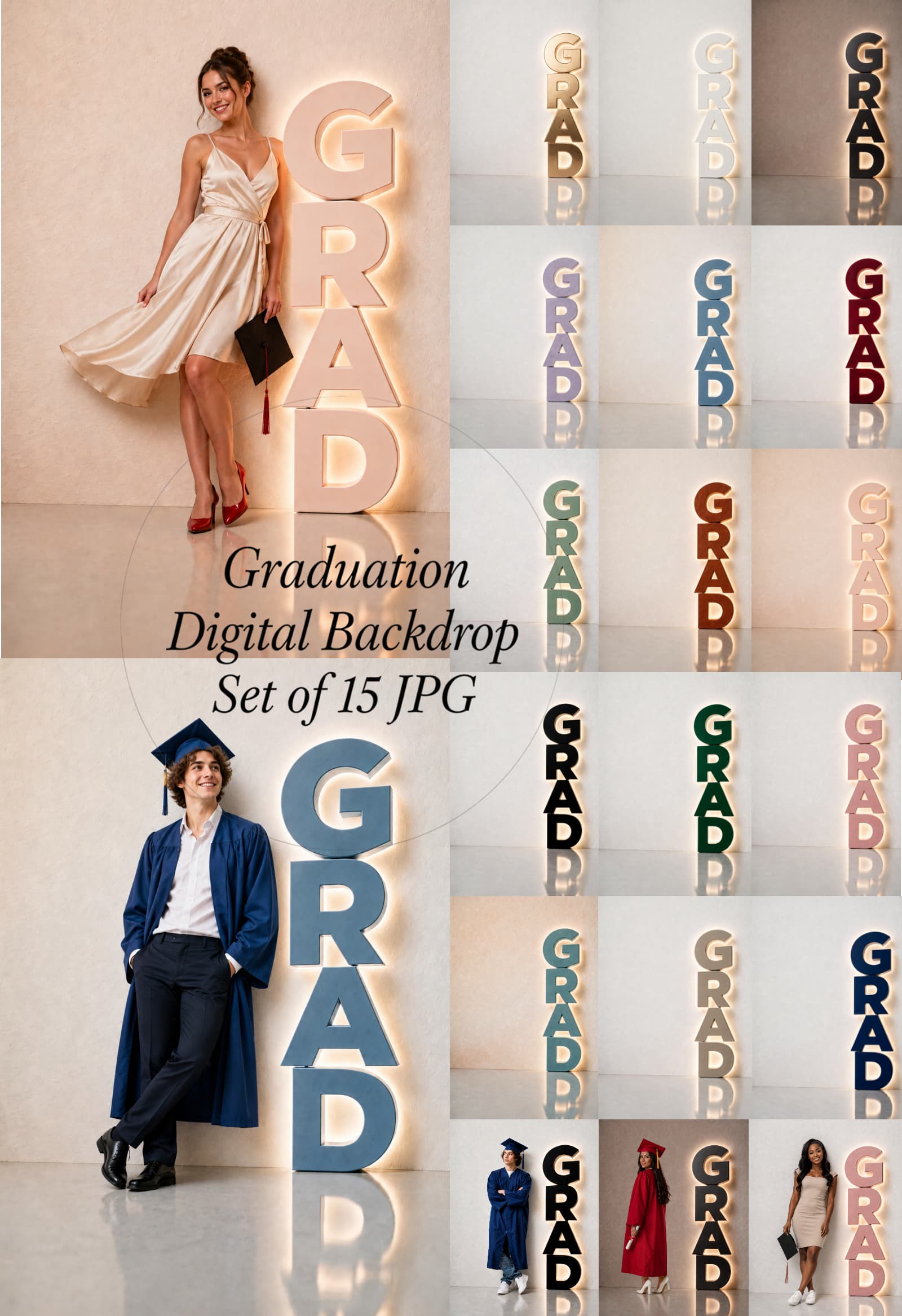 Graduation Digital Backdrop Set | 2026 Senior Photo Backgrounds with 3D GRAD Letters, 15 JPGs