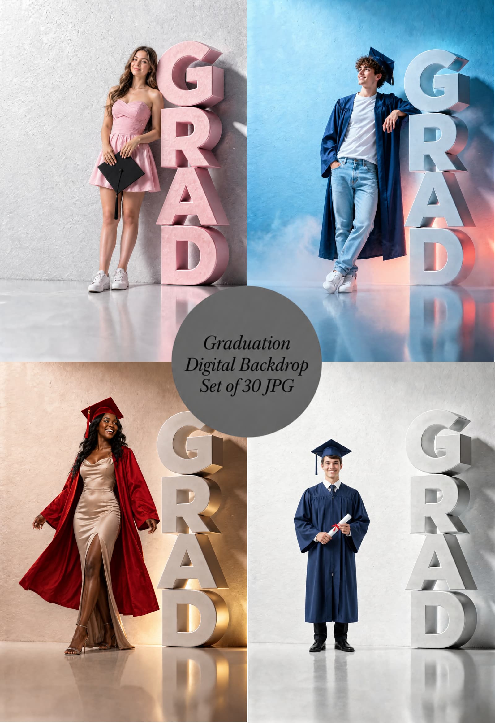Graduation Digital Backdrop Set | 2026 Senior Photo Backgrounds with 3D GRAD Letters, 30 JPGs