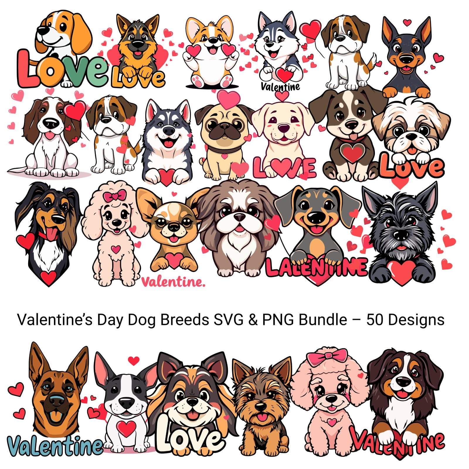 ❤️ Valentine’s Day Dog Breeds SVG & PNG Bundle – 50 Designs