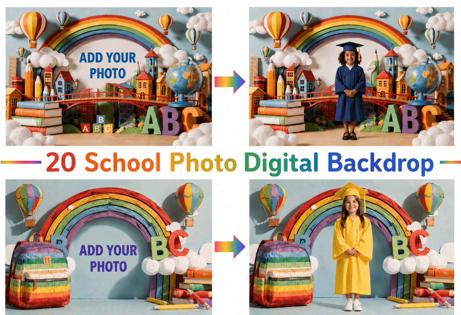 Rainbow Classroom School Photo Backdrop Bundle, Kindergarten Graduation Digital Backdrops, 20 JPG Backgrounds