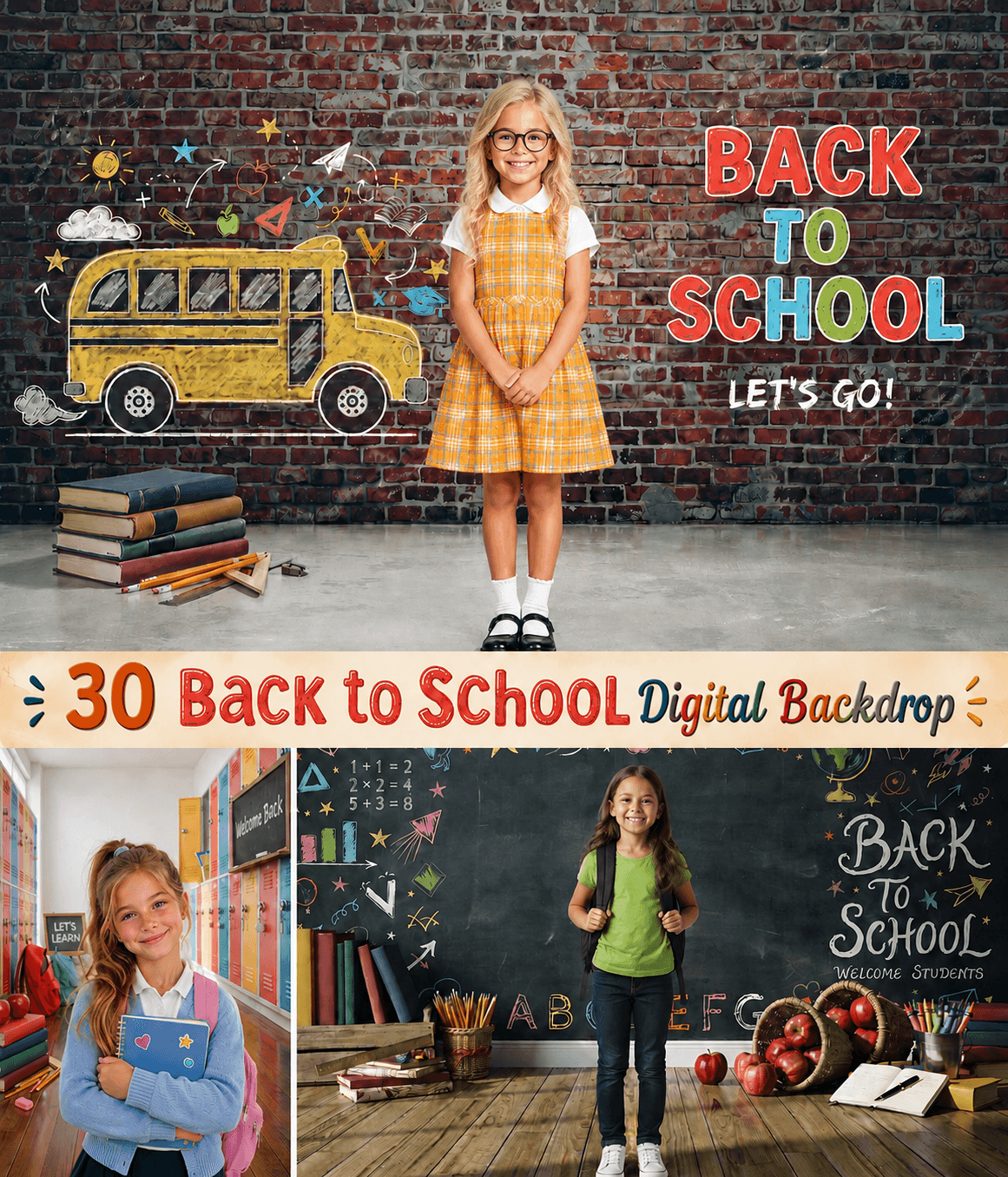 30 Back to School Digital Backdrops Bundle | School & Preschool Portrait Backgrounds | Classroom Photography | Photo Composites