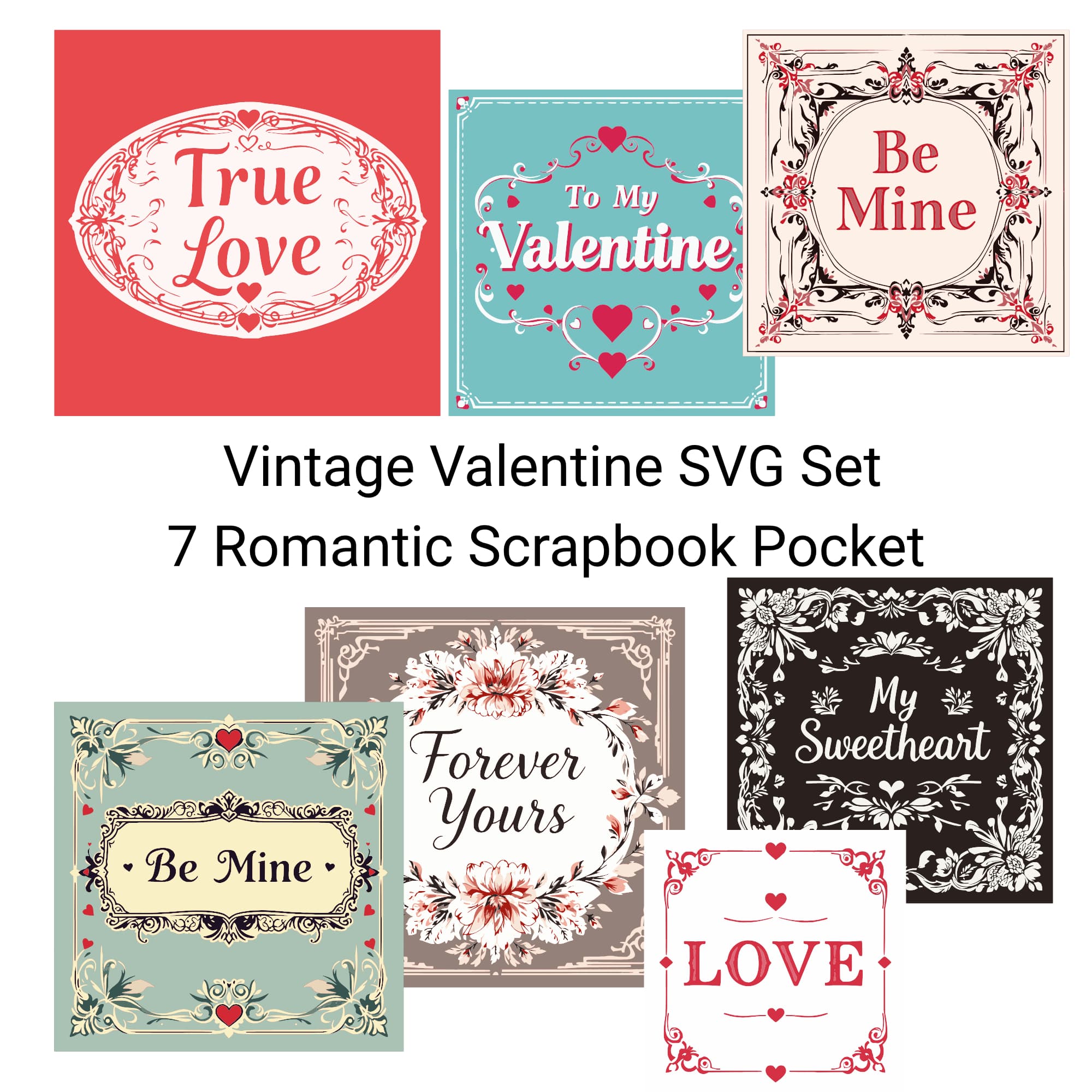 Vintage Valentine SVG Set | 7 Romantic Scrapbook Pocket Inserts