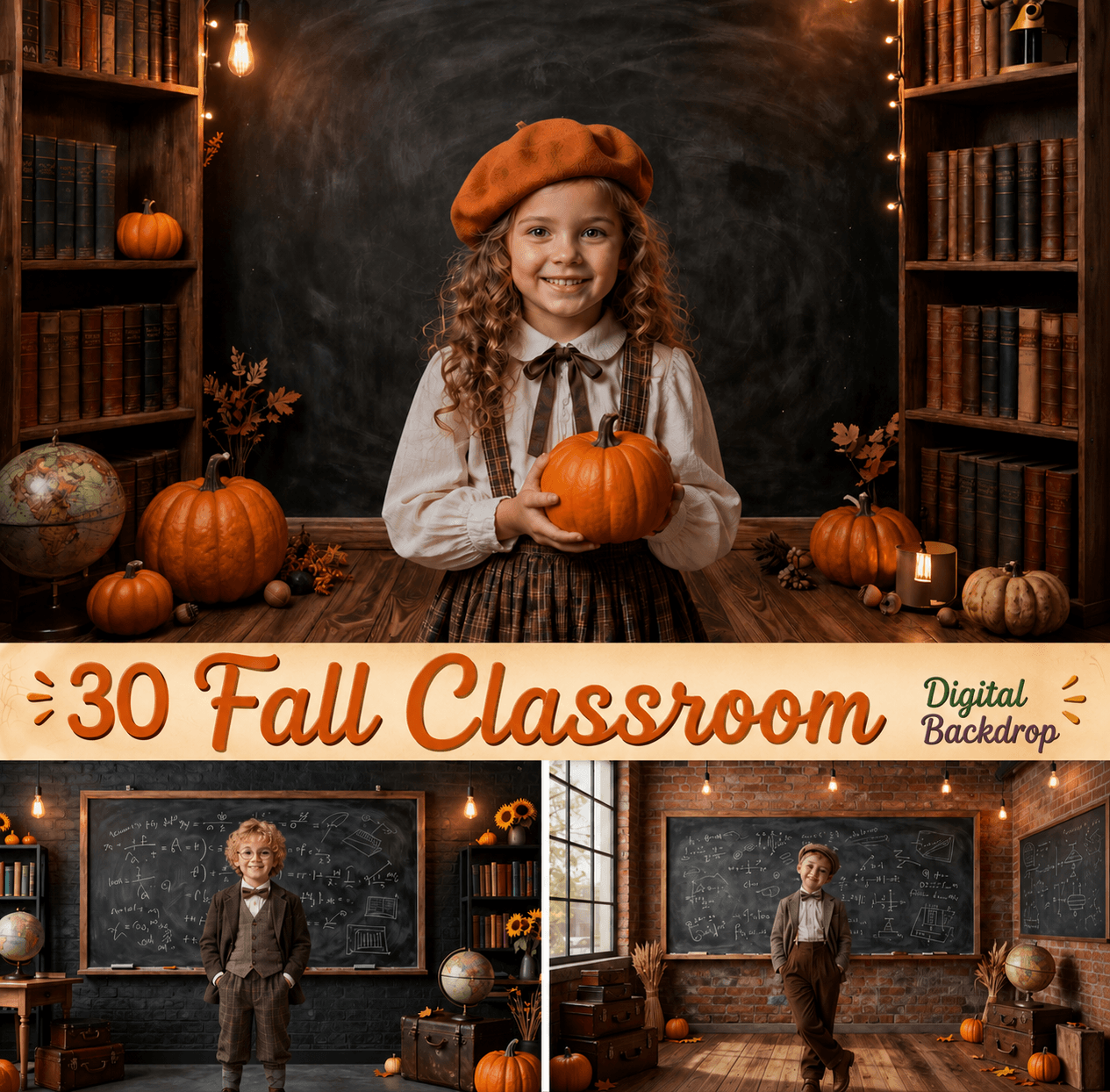 30 Fall Classroom Digital Backdrops, Back to School Backgrounds, Autumn School Portrait Backdrops, Vintage Classroom Photo Bundle