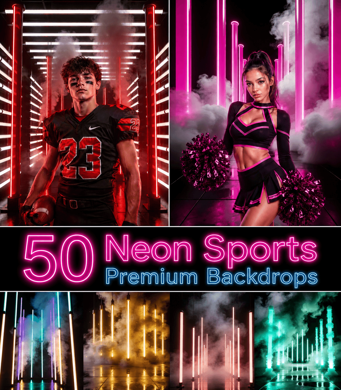 50 Neon Sports Digital Backdrops Bundle | Senior Athlete Portrait Backgrounds | Football Basketball Baseball Sports Backdrops