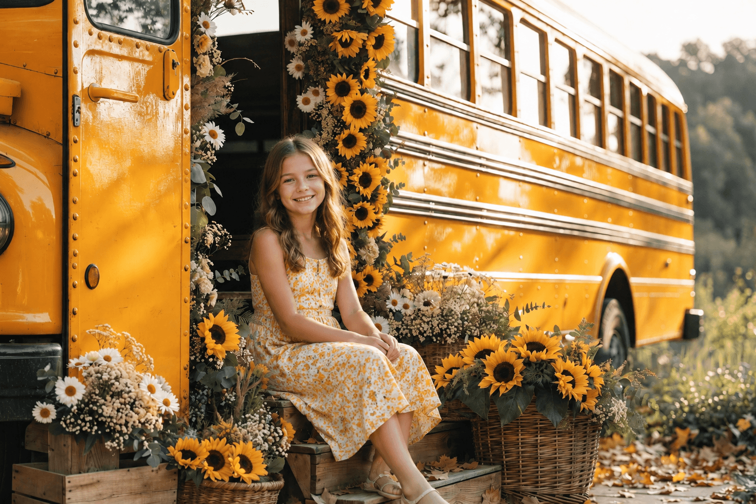 Sunflower School Bus Digital Backdrop, Back to School Background, Yellow Bus Photo Prop, Fall School Portrait Backdrop, JPG PNG 300 DPI