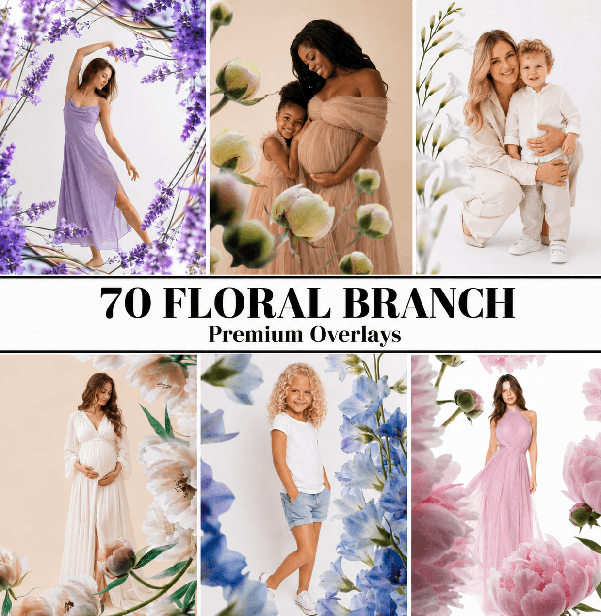 70 Floral Branch Overlays PNG, Flower Branch Photo Overlays, Spring Floral Overlay, Photoshop Overlay, Maternity, Family & Portrait Editing