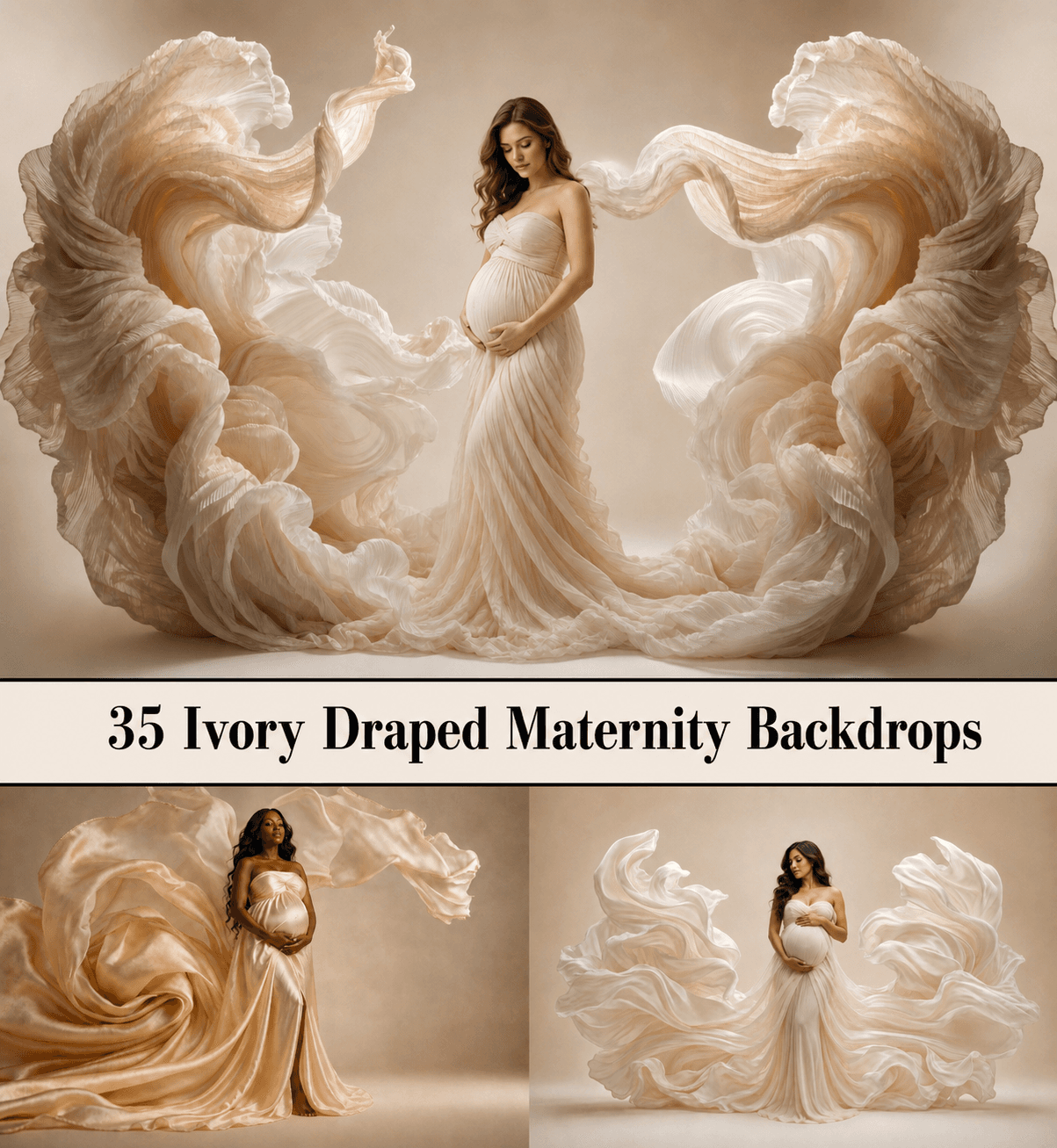 35 Ivory Draped Maternity Backdrops, Cream Fabric Pregnancy Backgrounds, Elegant Flowing Cloth Photoshop Overlays, Photo Backdrop Bundle