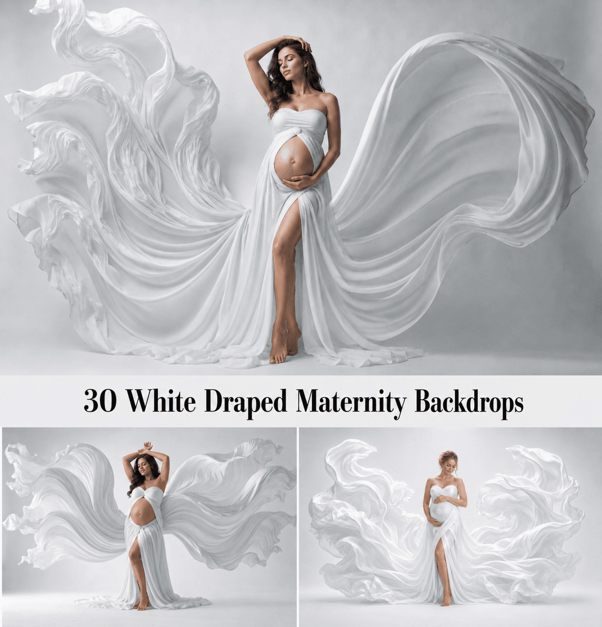 30 White Draped Fabric Maternity Backdrops, White Pregnancy Digital Background Bundle, Elegant Portrait Backdrops