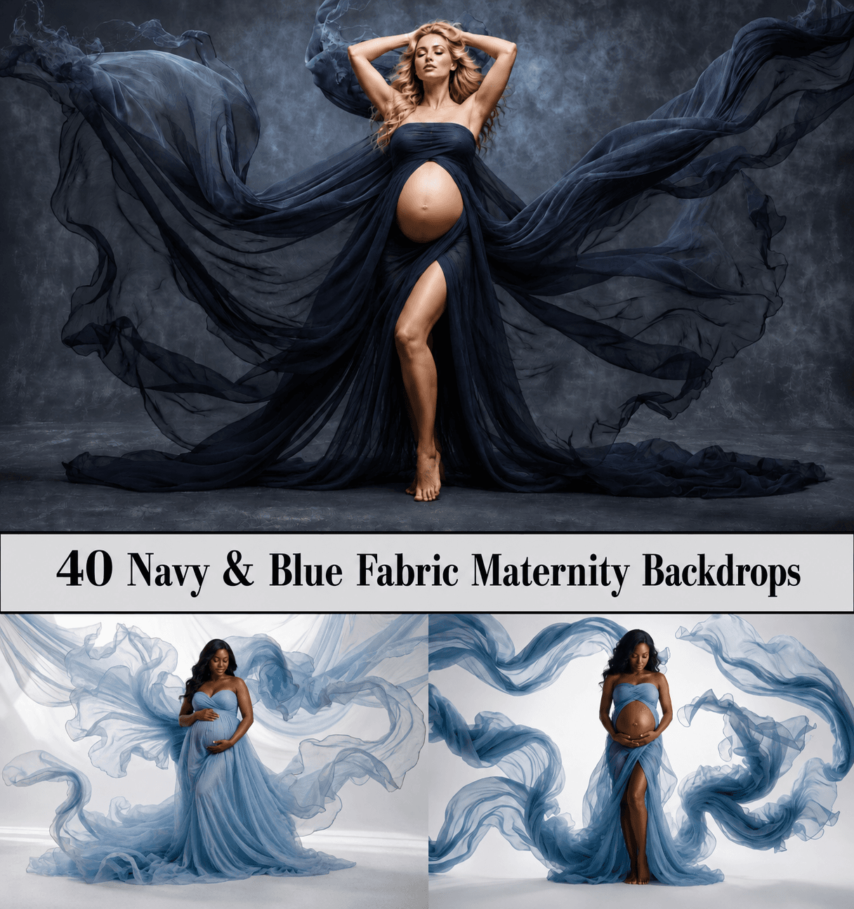 40 Navy & Blue Fabric Maternity Backdrops, Flowing Fabric Pregnancy Backgrounds, Digital Portrait Backdrops, JPG Download