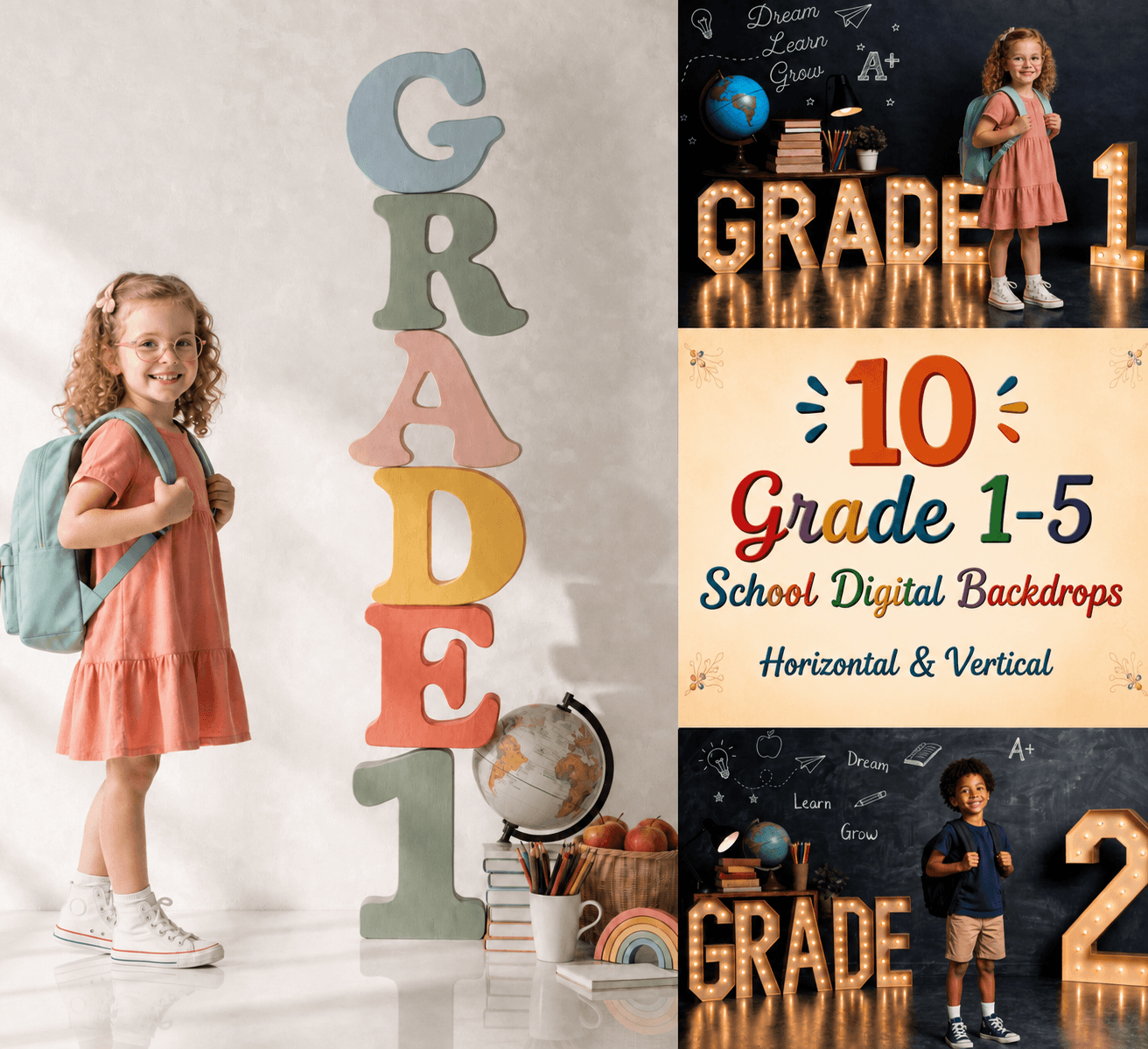 Grade 1-5 School Digital Backdrops Bundle, 10 Classroom Photo Backgrounds, School Portrait Backdrop JPG, Instant Download