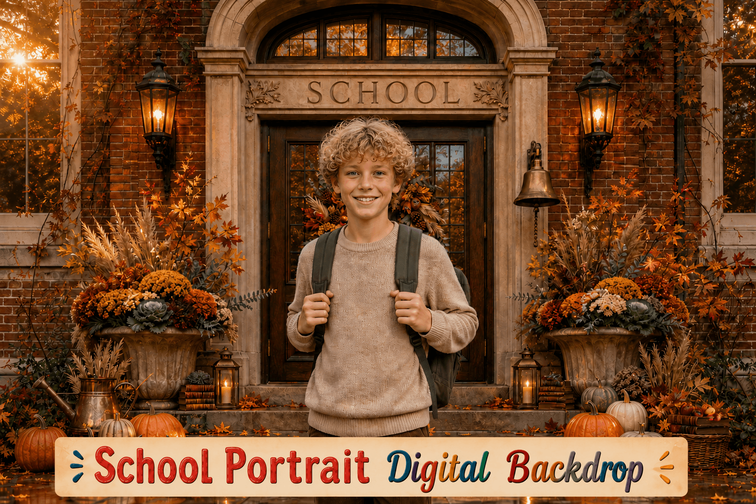 Autumn School Portrait Backdrop, Fall Pumpkin Entrance, Vintage Brick Academy Scene, Kids Photography Background, JPG PNG Digital Download