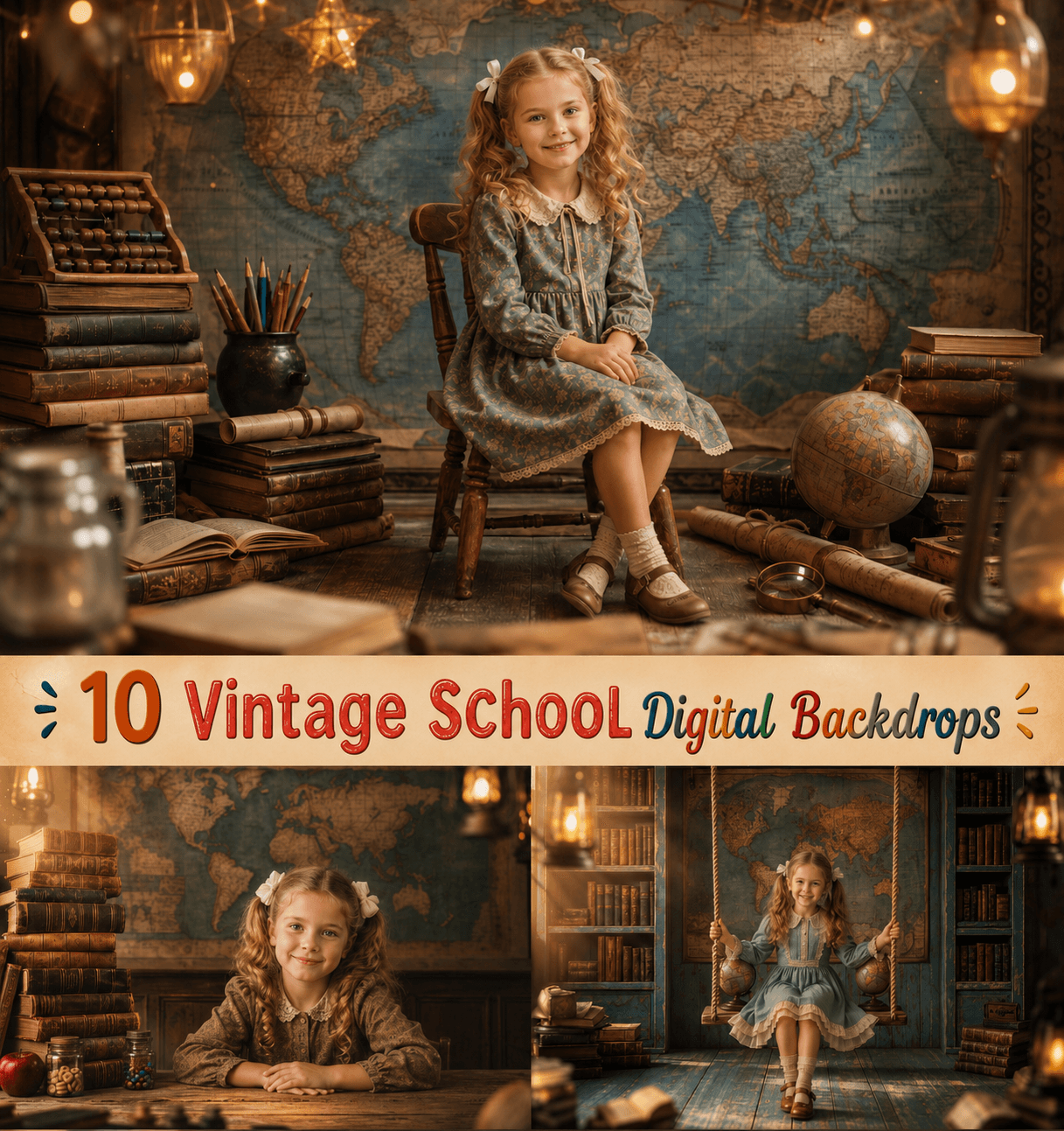 10 Vintage School Digital Backdrops | Antique Classroom, Library, World Map, Chalkboard Portrait Backgrounds | High-Resolution JPG Download